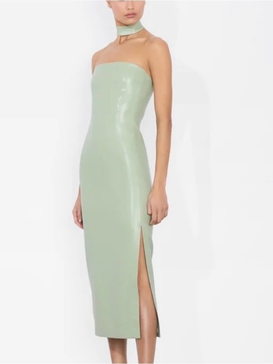 Alice + Olivia Dresses & Skirts - Alice + Olivia Vegan Leather Sage Green Strapless Midi Dress with Choker